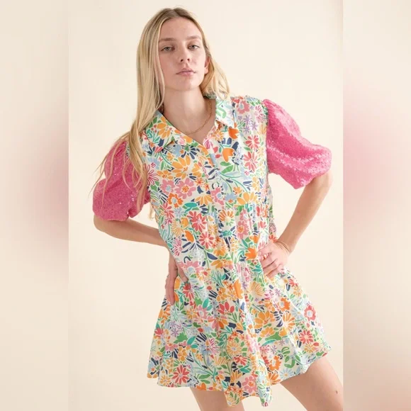 081 • Floral Button-Front Baby Doll Cotton Dress with Pink Puff Sequined Sleeves - Picture 6 of 12